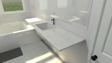 A top view of a white marble vanity with one sink along a white wall with a mirror, a window and white marble tub in the background.