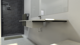 A white bathroom vanity held up by Free Hanging Shelf Bracket  with a gray tiled shower in the background.