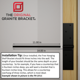 Installation Tip: Once installed, the free-hanging shelf bracket should fit three inches into the wall. The length of your bracket should be the same depth as your countertop. So for example, if you have a countertop that is fourteen inches deep, you will want a bracket that is fourteen inches long. This allows for a countertop overhang of three inches, which is most ideal. Example shown in picture is the FH-14-U.