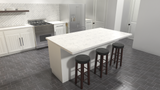 A white kitchen island with a marble countertop supported by Hidden Island Support Brackets with three dark brown barstools on a grey tile floor in a white-theme kitchen.